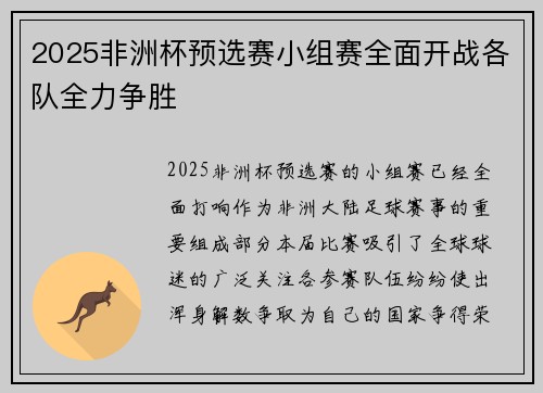 2025非洲杯预选赛小组赛全面开战各队全力争胜
